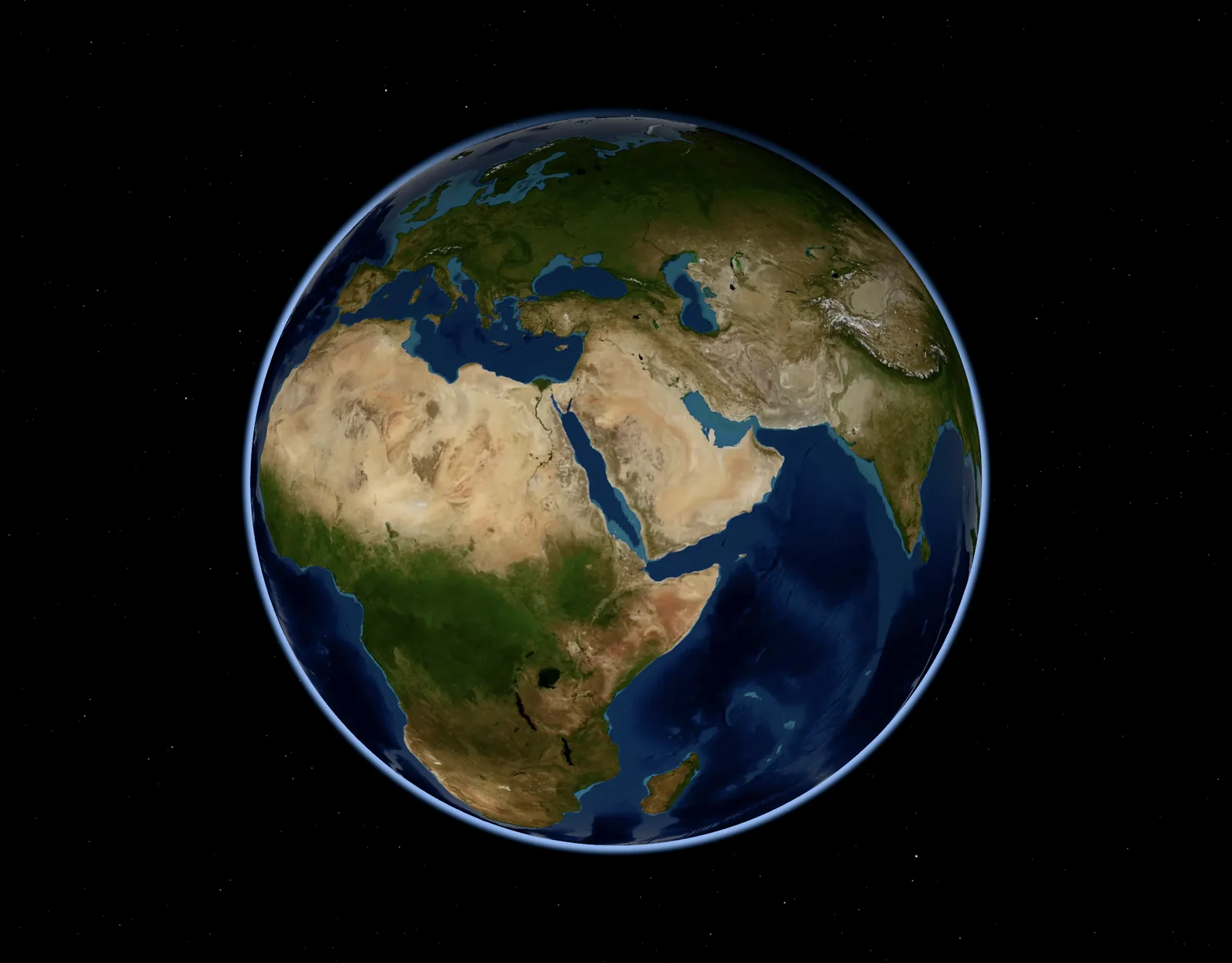 The whole Earth from space in the game, with Africa, Arabia and the Indian Ocean in daylight.