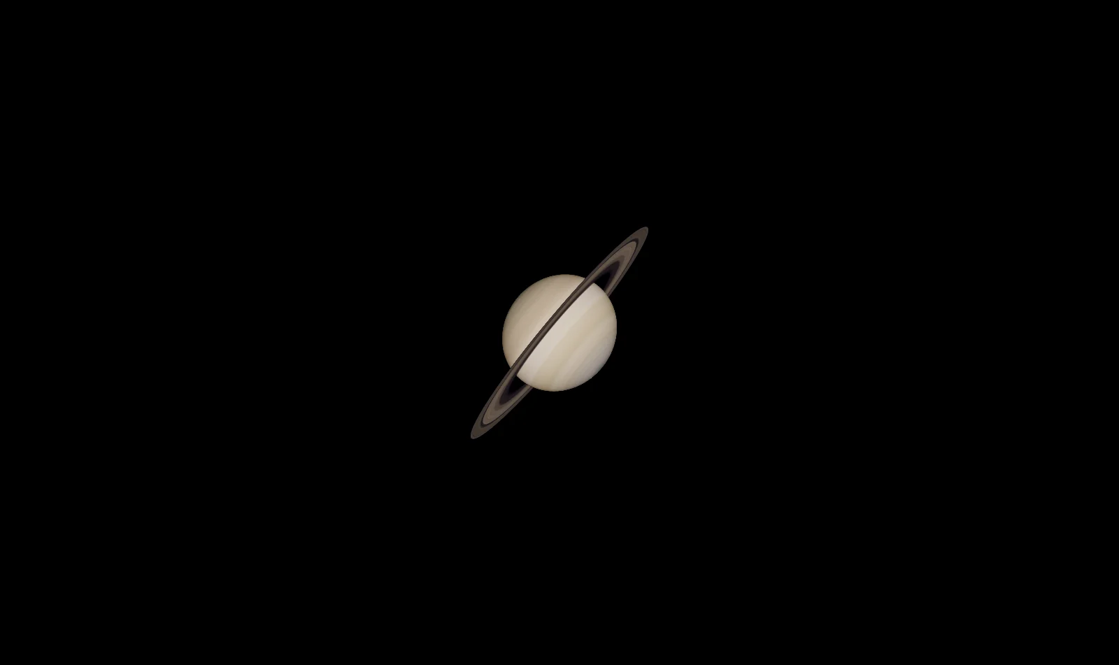Saturn, pale gold with faint bands, its thin rings crossing in front of it at a slant.