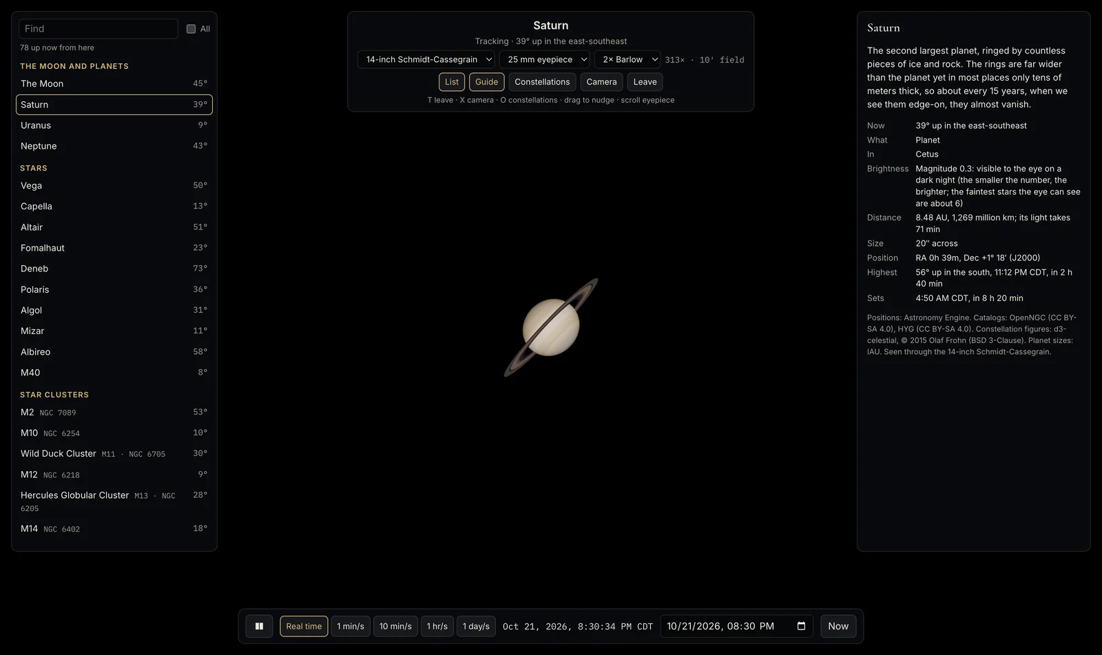 The telescope screen: a list of stars, planets and clusters on the left with their heights in the sky, Saturn with its rings in the middle, and a guide to Saturn on the right.