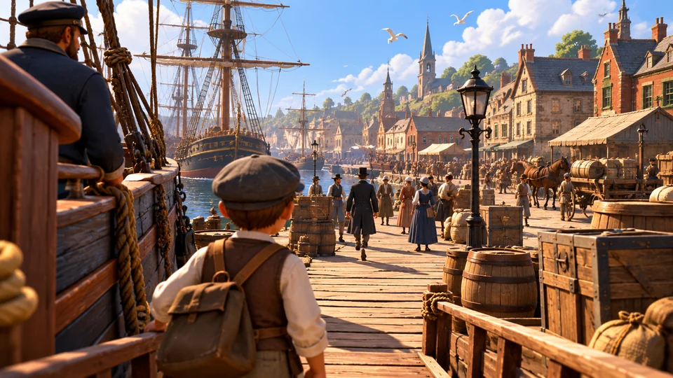 First person at a child's height on a busy harbor wharf: a boy in a cap and satchel looks past a sailor toward tall ships, barrels, crates and a brick-and-stone port town.