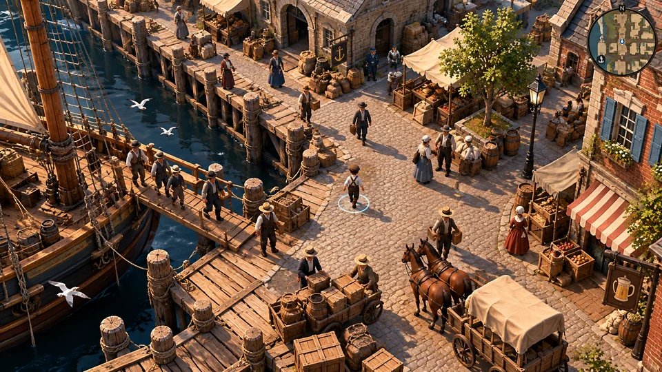 Overhead view of the same port: passengers walk down the gangway onto the wharf, and the child, marked by a ring, stands on the cobblestones among carts, horses and market stalls.